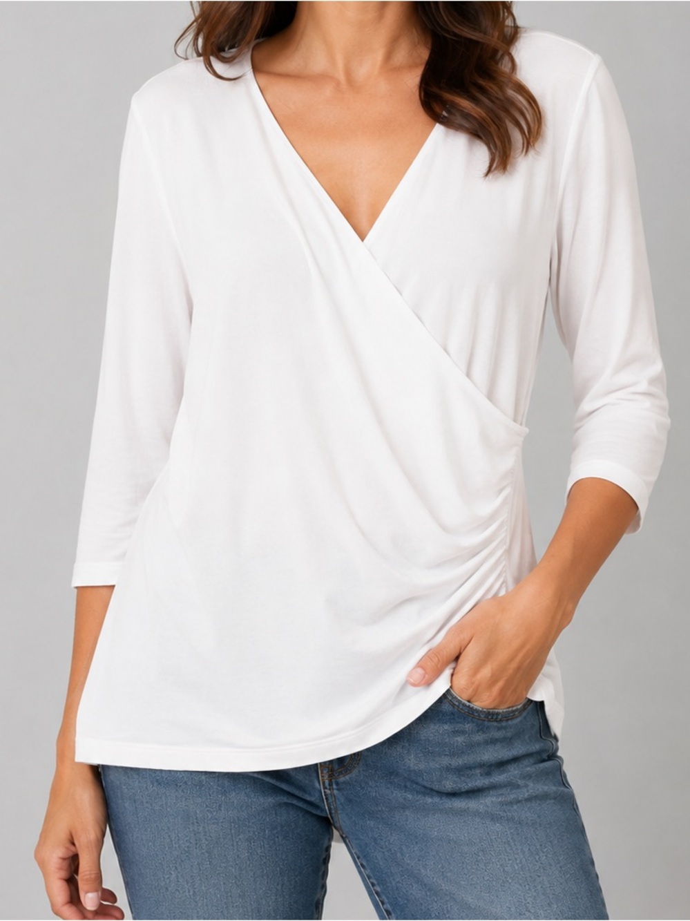 Soft Surroundings | White Wrap-Front V-Neck Top | Size L | NWOT | Classic Preppy